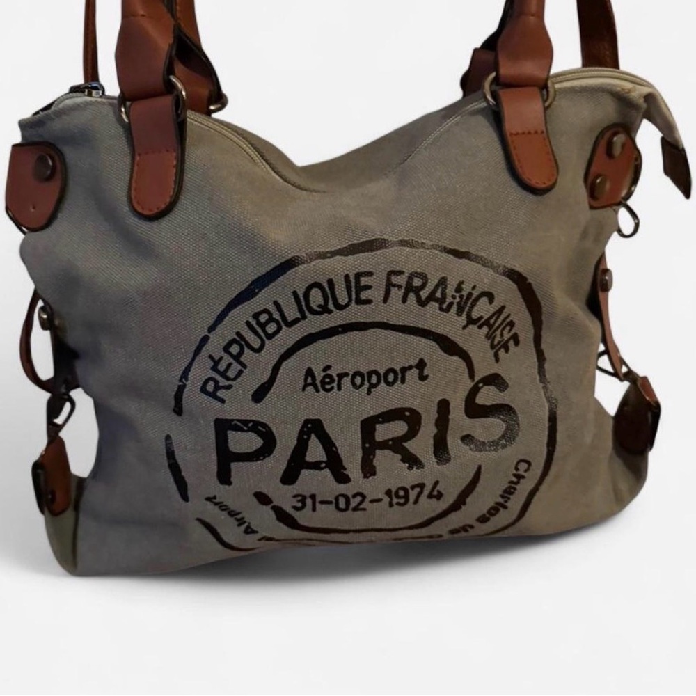 Gray and Brown Paris Print Tote Bag